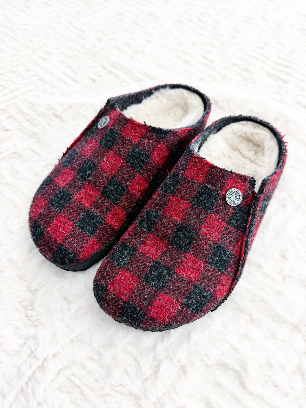 Birkenstock Kid's Zermatt Rivet Shearling Red Plaid Wool Felt Mule Slippers Cozy